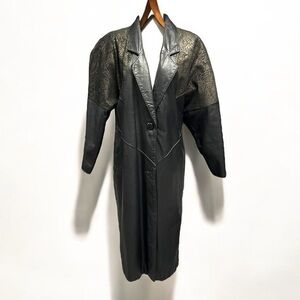 🌻VINTAGE 80s Pelle Club Long Embossed Paisley Black Leather Trench Upper Size L